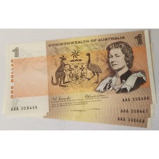 AUSTRALIA 1966 . ONE 1 DOLLAR BANKNOTES . COOMBS/WILSON . CONSEC TRIO . FIRST PREFIX AAA